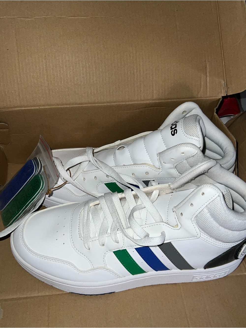New adidas White High-Top Sneakers with Green, Blue & Gray Stripes
